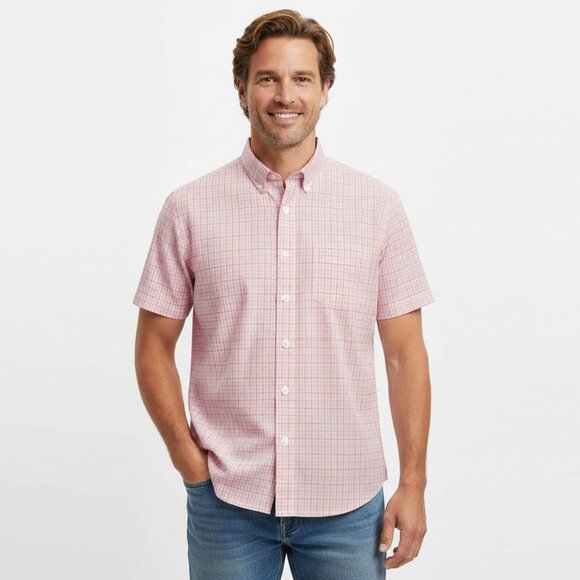 Vintage Leo Chevalier Button Down Short Sleeve Shirt Check Red White Preppy Golf - Picture 1 of 9